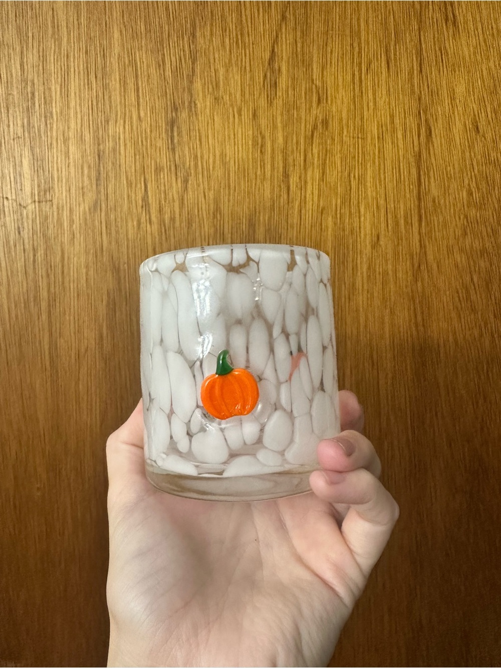 Anthropologie hand blown White Speckled Glass Tumbler with Pumpkin Accent - Picture 3 of 5